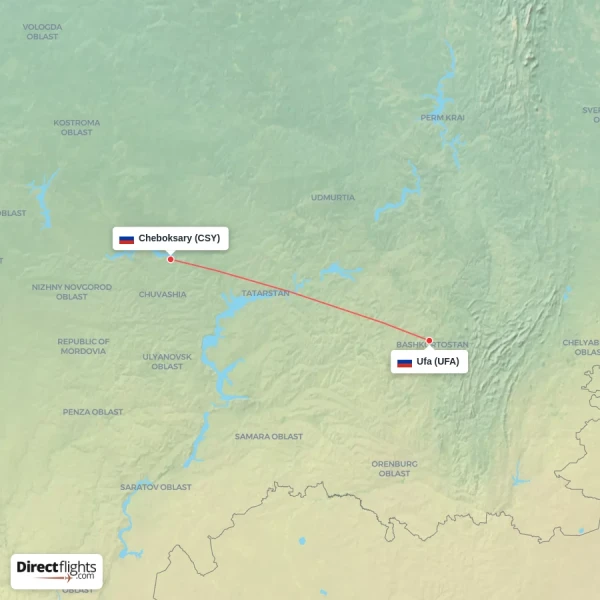 Cheboksary - Ufa direct flight map