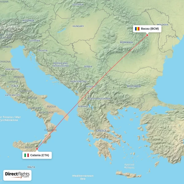Catania - Bacau direct flight map