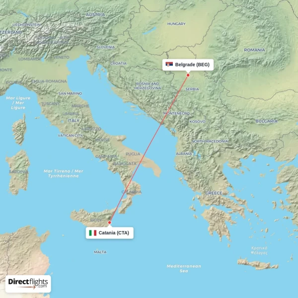 Catania - Belgrade direct flight map