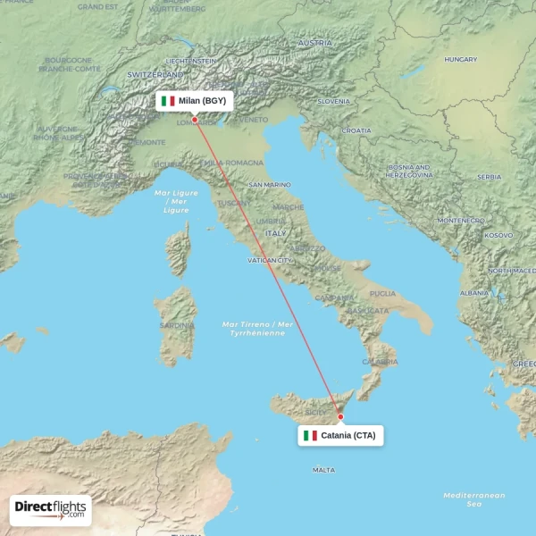 Catania - Milan direct flight map