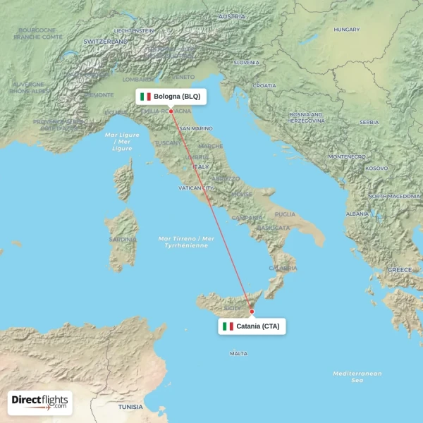 Catania - Bologna direct flight map