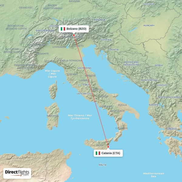 Catania - Bolzano direct flight map