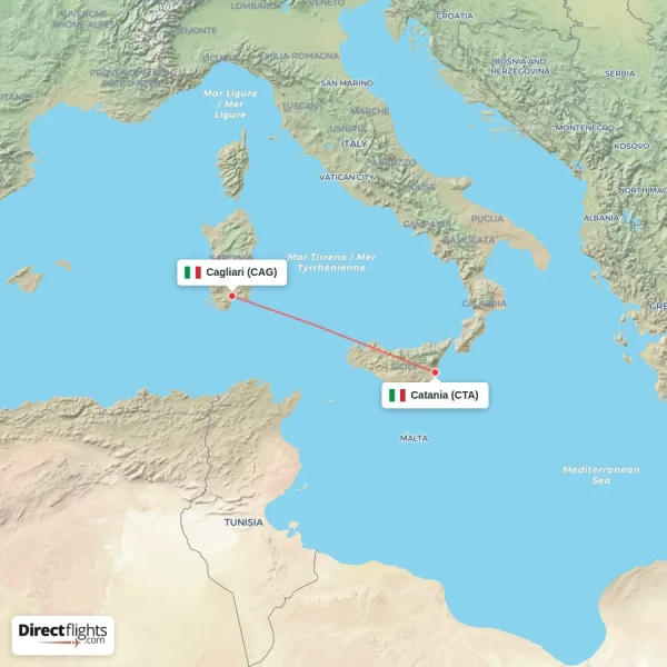 Catania - Cagliari direct flight map