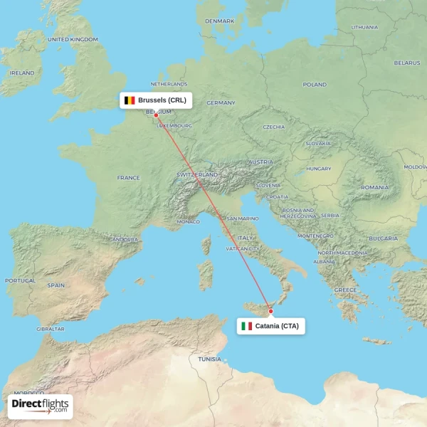 Catania - Brussels direct flight map