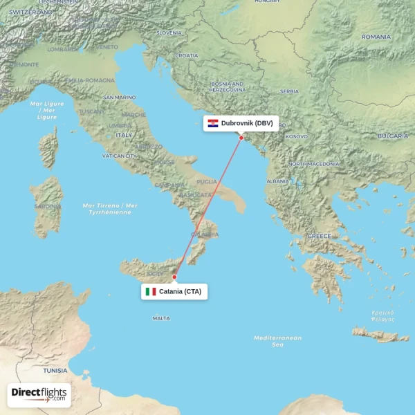 Catania - Dubrovnik direct flight map