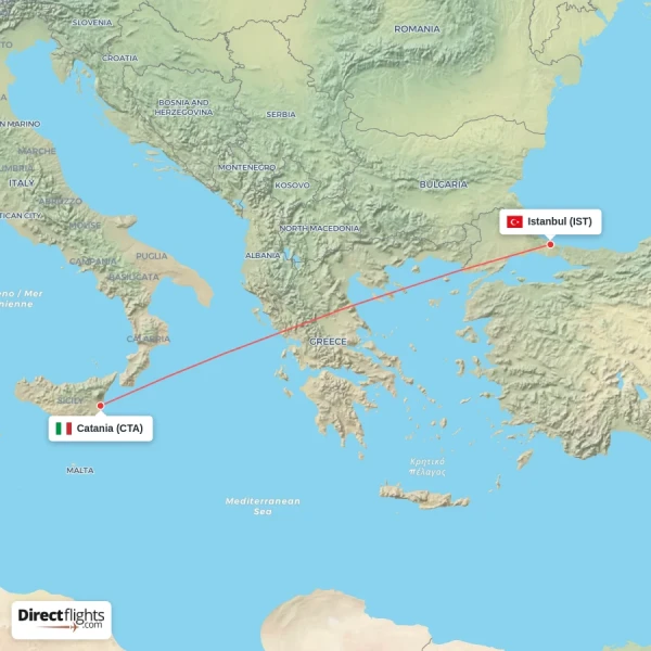 Catania - Istanbul direct flight map