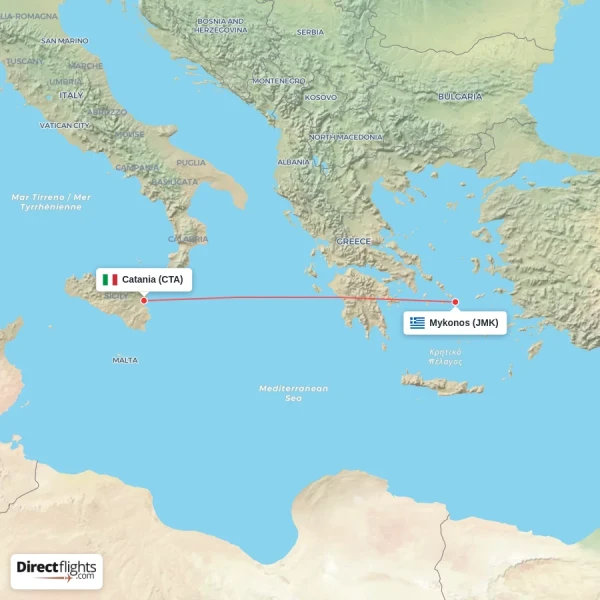 Catania - Mykonos direct flight map