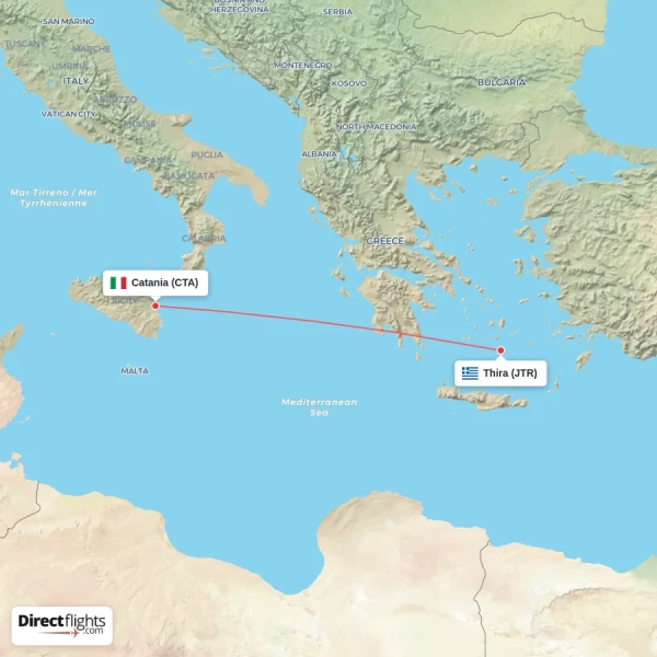Catania - Thira direct flight map