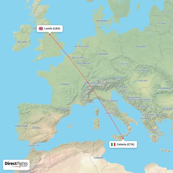 Catania - Leeds direct flight map