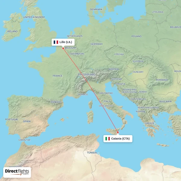 Catania - Lille direct flight map