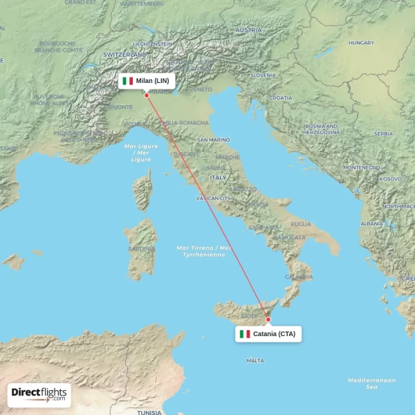 Catania - Milan direct flight map