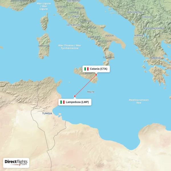 Catania - Lampedusa direct flight map