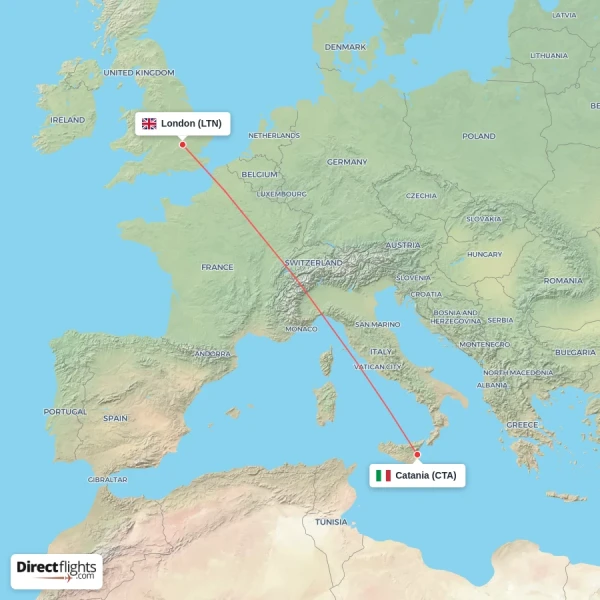 Catania - London direct flight map