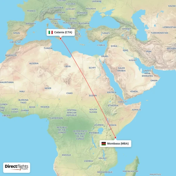 Catania - Mombasa direct flight map