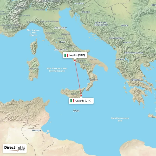 Catania - Naples direct flight map