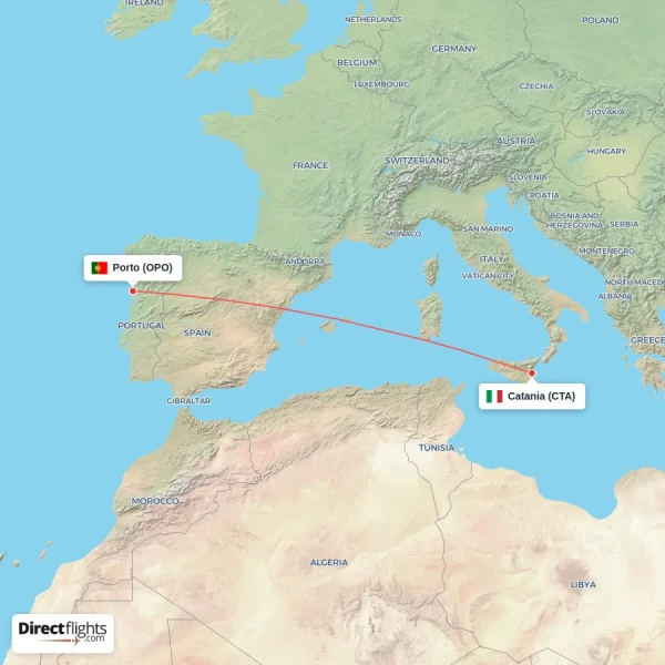 Catania - Porto direct flight map
