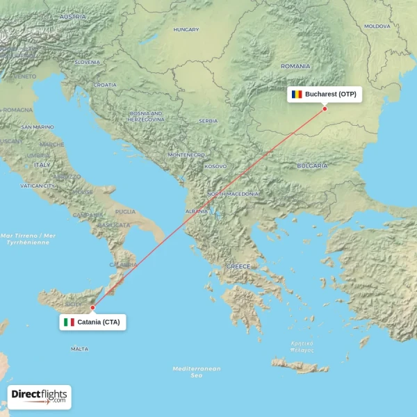 Catania - Bucharest direct flight map