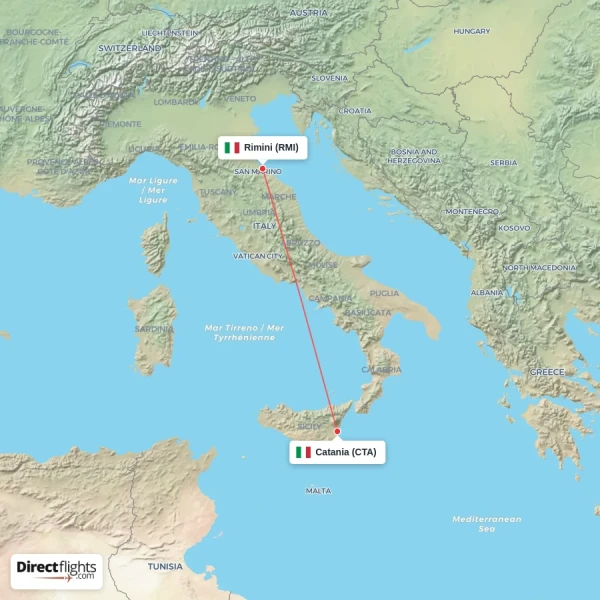 Catania - Rimini direct flight map