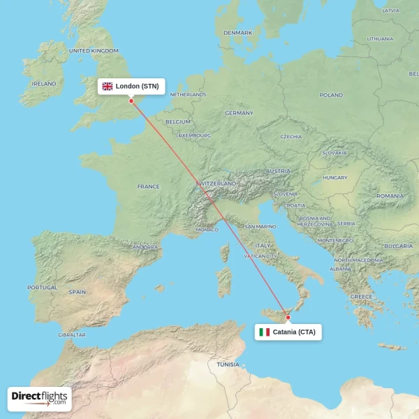 Catania - London direct flight map
