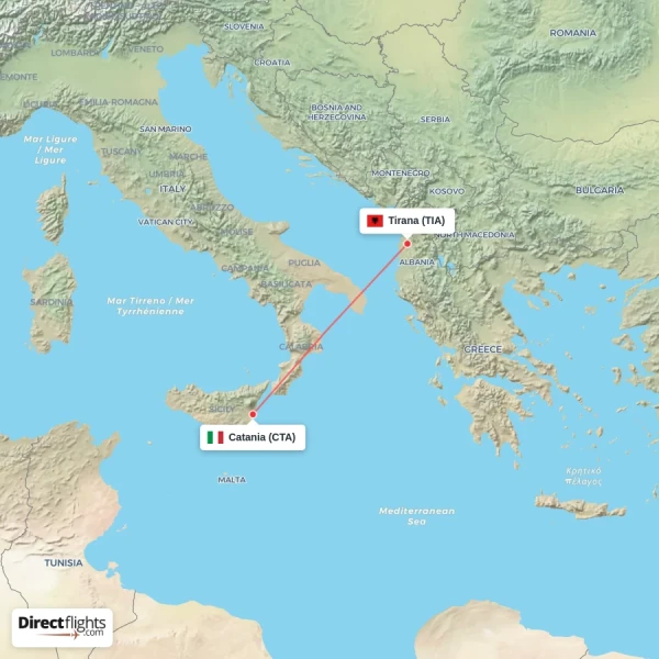 Catania - Tirana direct flight map