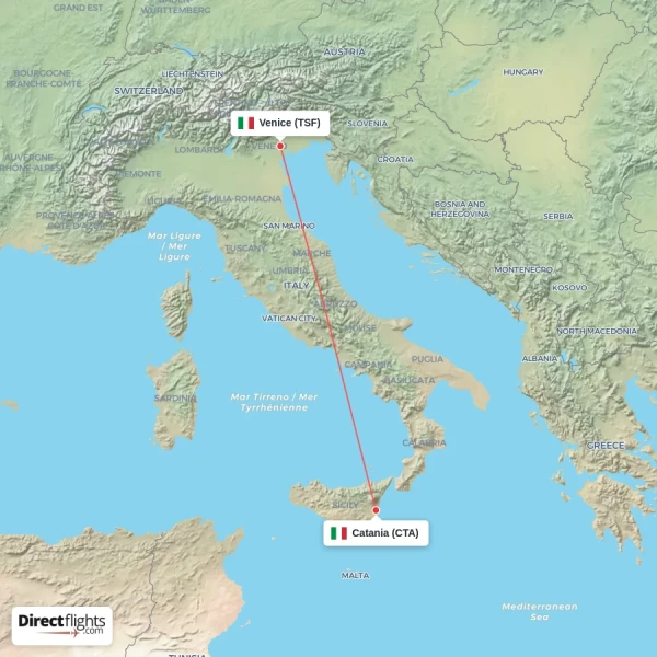 Catania - Venice direct flight map