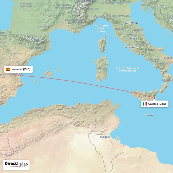 Catania - Valencia direct flight map