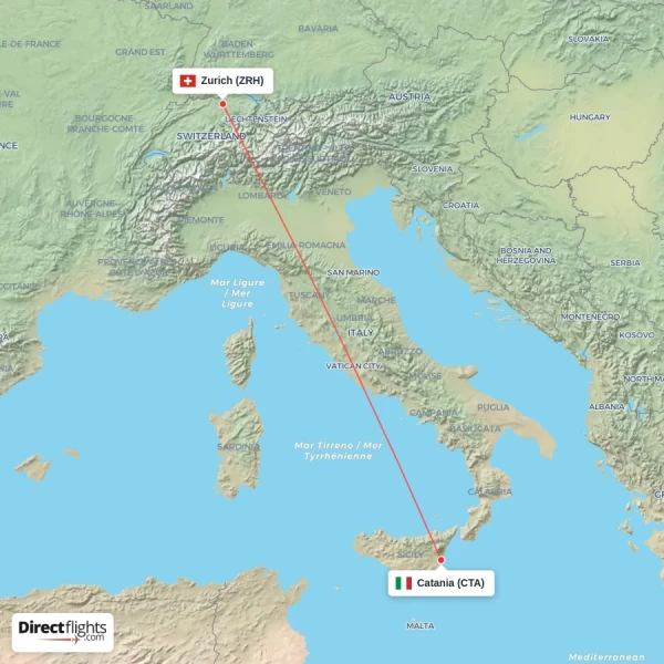 Catania - Zurich direct flight map