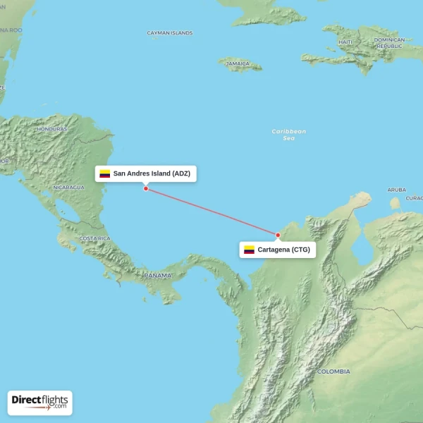 Cartagena - San Andres Island direct flight map