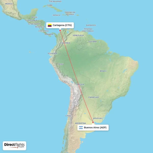 Cartagena - Buenos Aires direct flight map