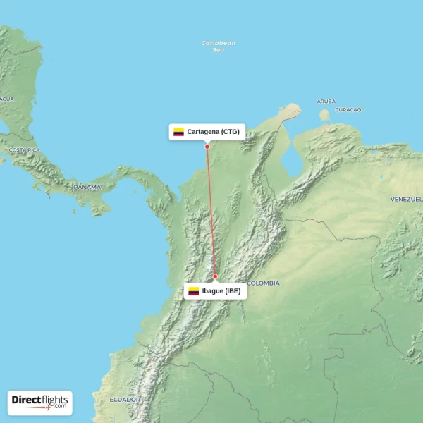 Cartagena - Ibague direct flight map