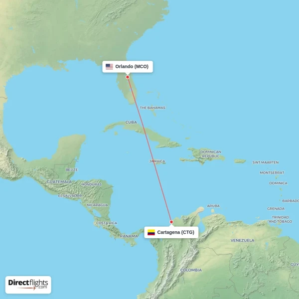 Cartagena - Orlando direct flight map