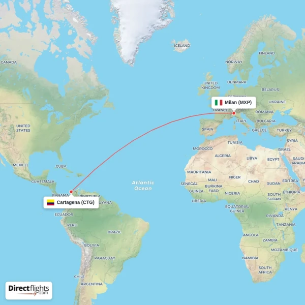 Cartagena - Milan direct flight map