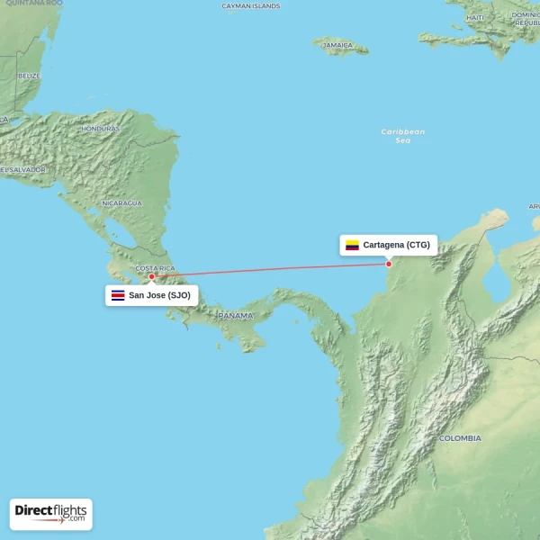 Cartagena - San Jose direct flight map