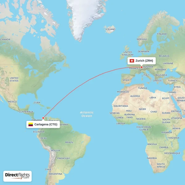 Cartagena - Zurich direct flight map