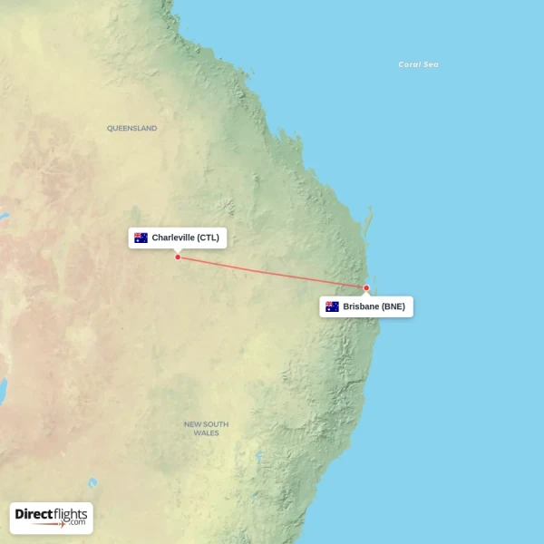 Charleville - Brisbane direct flight map