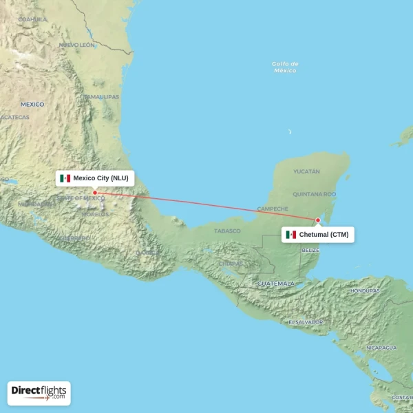 Chetumal - Mexico City direct flight map