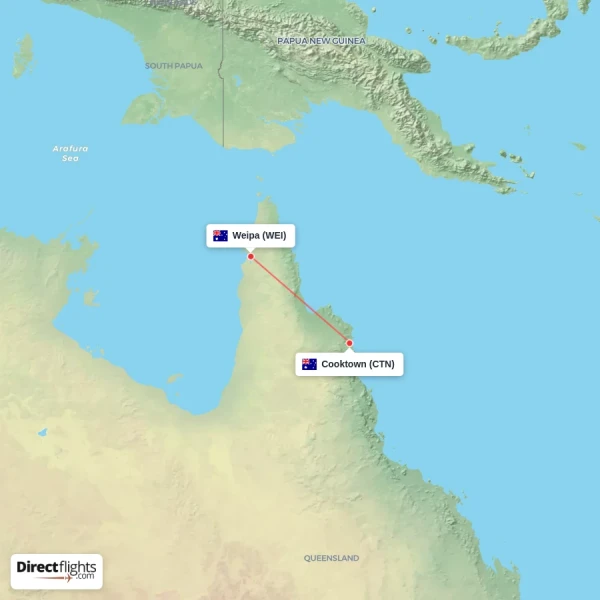 Cooktown - Weipa direct flight map