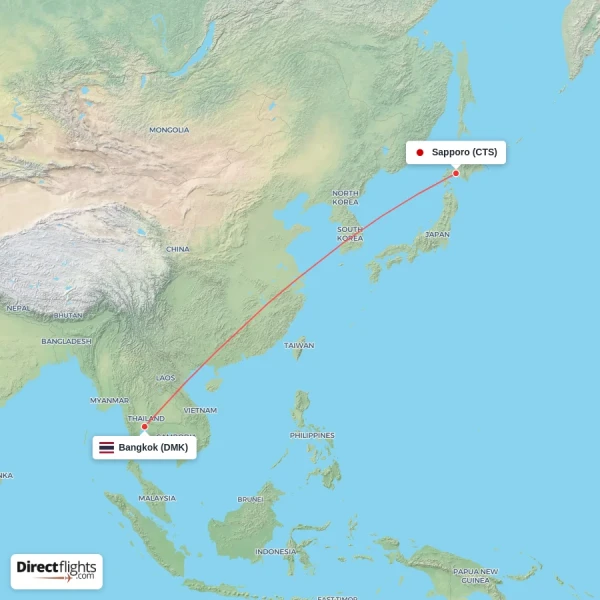Sapporo - Bangkok direct flight map