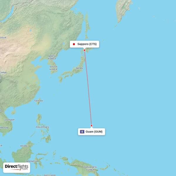 Sapporo - Guam direct flight map