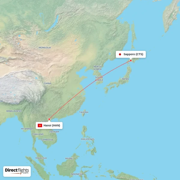Sapporo - Hanoi direct flight map