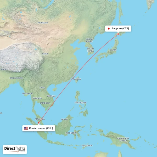 Sapporo - Kuala Lumpur direct flight map