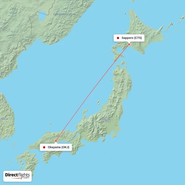 Sapporo - Okayama direct flight map