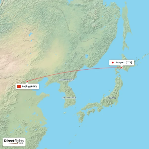 Sapporo - Beijing direct flight map