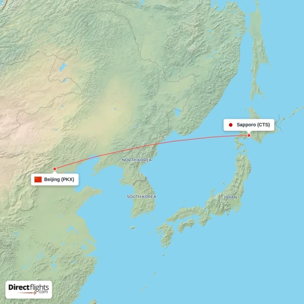 Sapporo - Beijing direct flight map