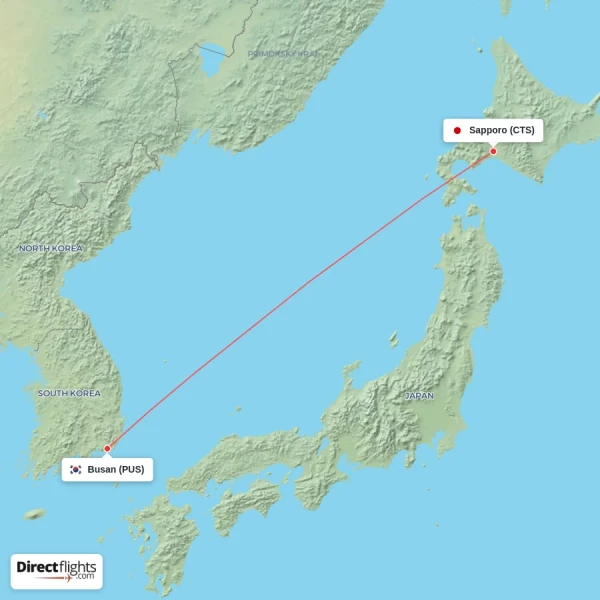 Sapporo - Busan direct flight map