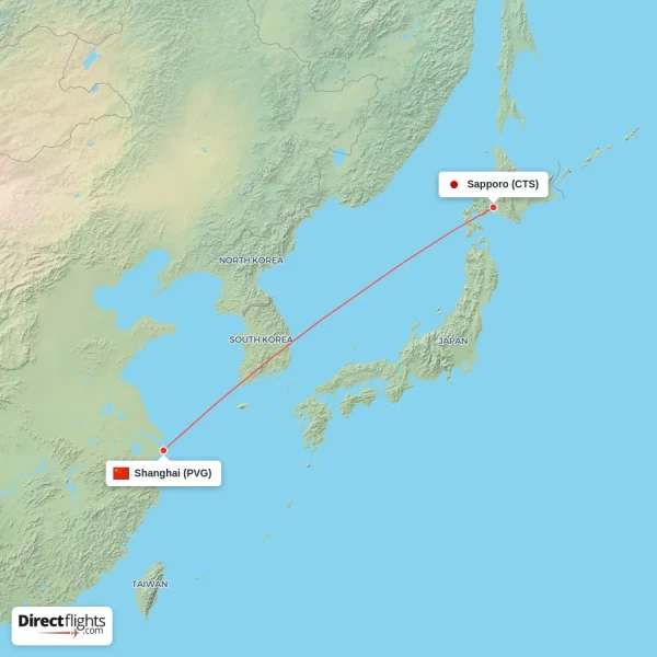 Sapporo - Shanghai direct flight map