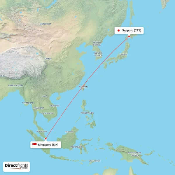 Sapporo - Singapore direct flight map