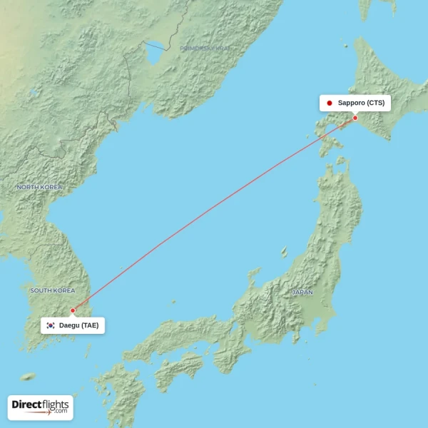 Sapporo - Daegu direct flight map