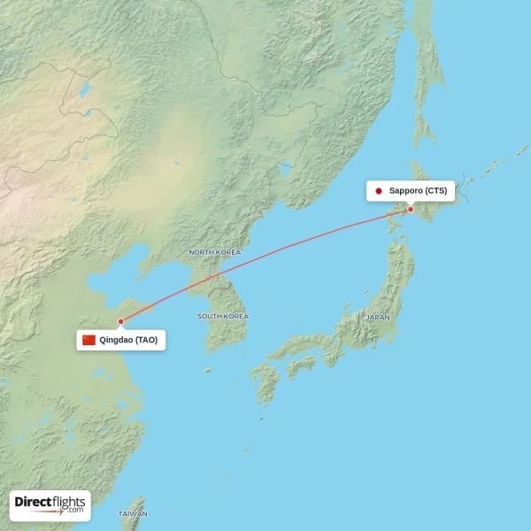 Sapporo - Qingdao direct flight map