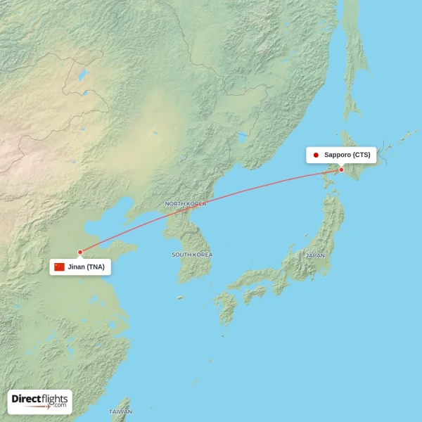 Sapporo - Jinan direct flight map